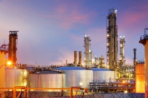 oil refinery at night